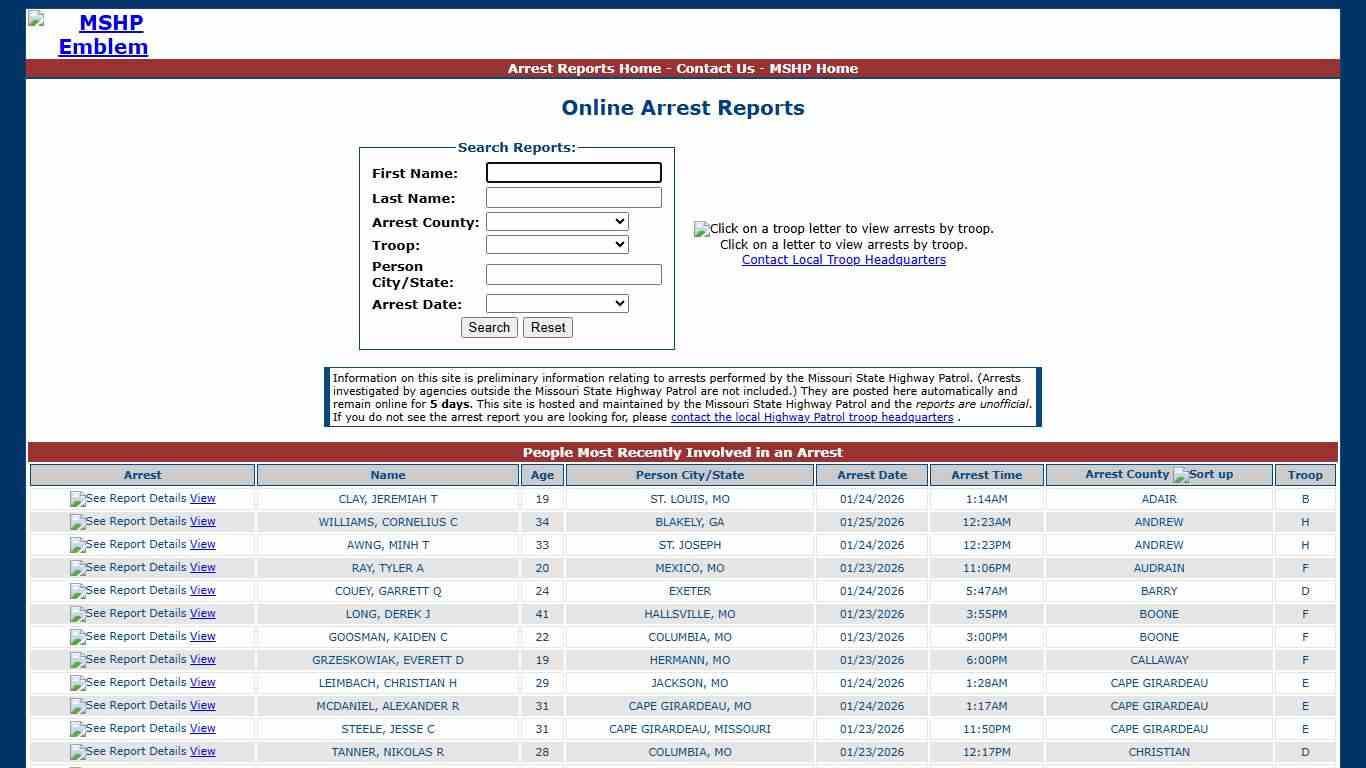 Missouri State Highway Patrol - Arrest Reports